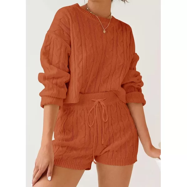 imageZESICA Womens Casual 2 Piece Sweater Sets Long Sleeve Cable Knit Pullover Tops and Drawstring Shorts Sweatsuit OutfitsOrange