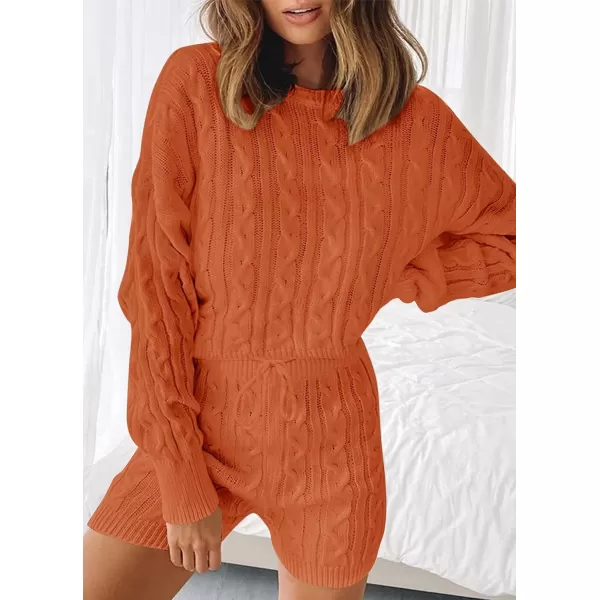 imageZESICA Womens Casual 2 Piece Sweater Sets Long Sleeve Cable Knit Pullover Tops and Drawstring Shorts Sweatsuit OutfitsOrange