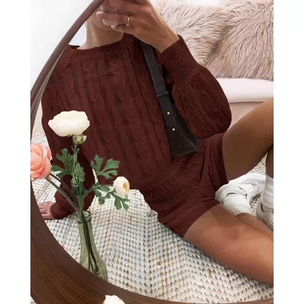 imageZESICA Womens Casual 2 Piece Sweater Sets Long Sleeve Cable Knit Pullover Tops and Drawstring Shorts Sweatsuit OutfitsRedbrown