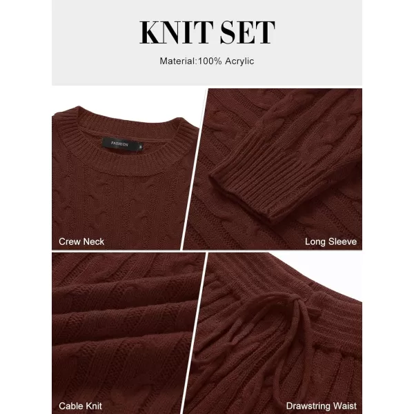 imageZESICA Womens Casual 2 Piece Sweater Sets Long Sleeve Cable Knit Pullover Tops and Drawstring Shorts Sweatsuit OutfitsRedbrown