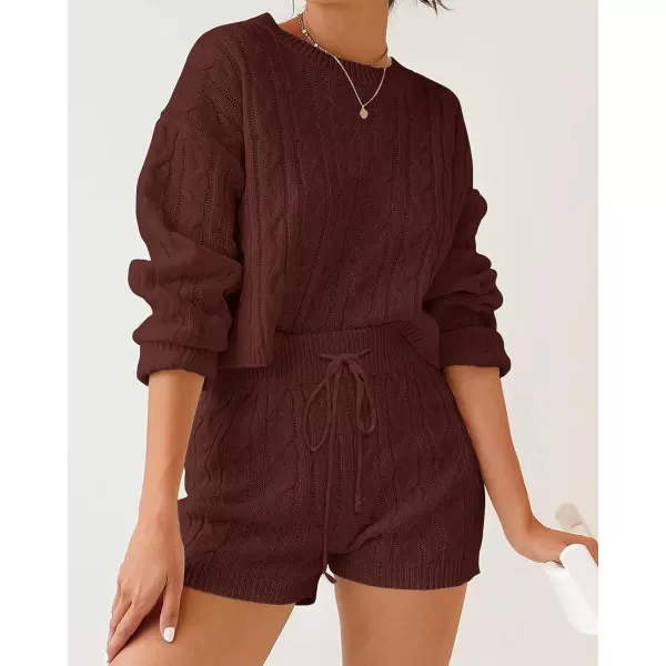 imageZESICA Womens Casual 2 Piece Sweater Sets Long Sleeve Cable Knit Pullover Tops and Drawstring Shorts Sweatsuit OutfitsRedbrown