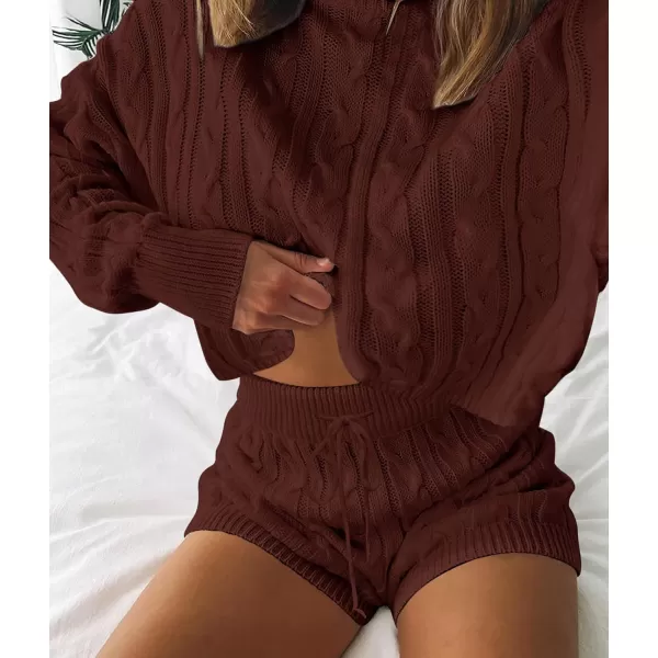 imageZESICA Womens Casual 2 Piece Sweater Sets Long Sleeve Cable Knit Pullover Tops and Drawstring Shorts Sweatsuit OutfitsRedbrown
