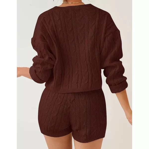 imageZESICA Womens Casual 2 Piece Sweater Sets Long Sleeve Cable Knit Pullover Tops and Drawstring Shorts Sweatsuit OutfitsRedbrown