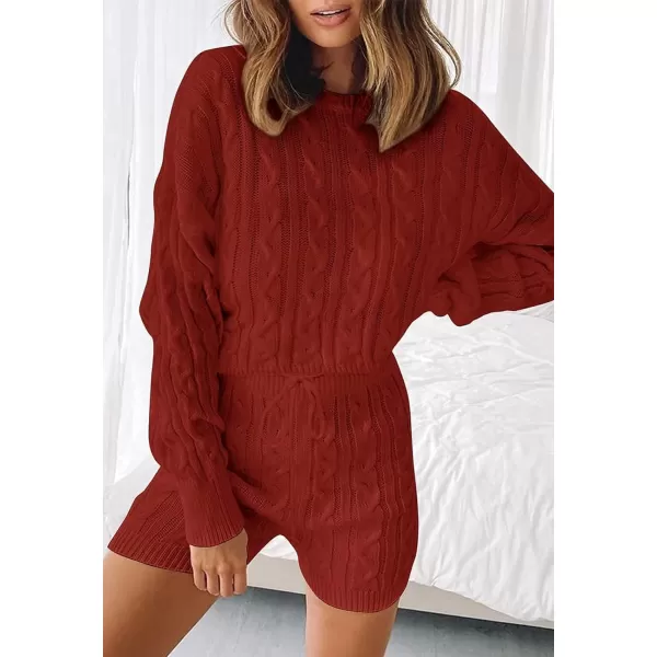 imageZESICA Womens Casual 2 Piece Sweater Sets Long Sleeve Cable Knit Pullover Tops and Drawstring Shorts Sweatsuit OutfitsRust