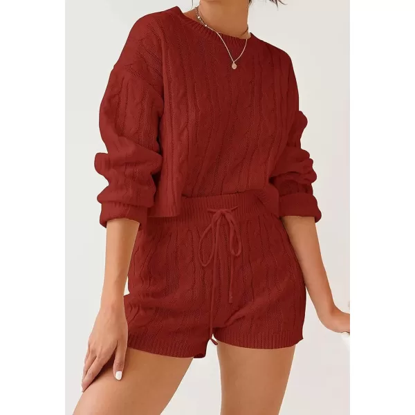 imageZESICA Womens Casual 2 Piece Sweater Sets Long Sleeve Cable Knit Pullover Tops and Drawstring Shorts Sweatsuit OutfitsRust
