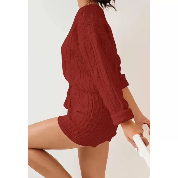 imageZESICA Womens Casual 2 Piece Sweater Sets Long Sleeve Cable Knit Pullover Tops and Drawstring Shorts Sweatsuit OutfitsRust