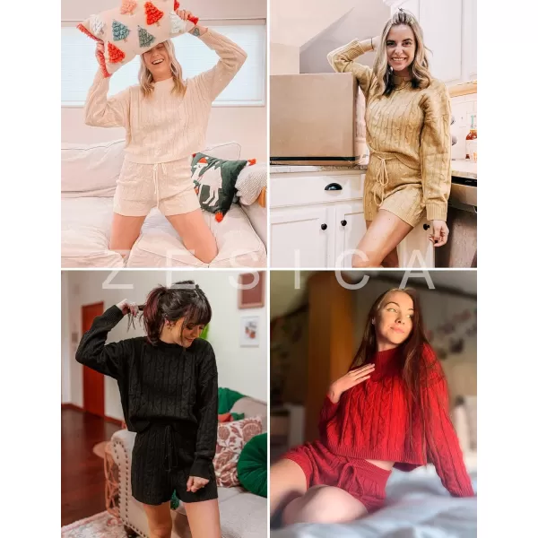 imageZESICA Womens Casual 2 Piece Sweater Sets Long Sleeve Cable Knit Pullover Tops and Drawstring Shorts Sweatsuit OutfitsRust