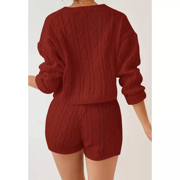 imageZESICA Womens Casual 2 Piece Sweater Sets Long Sleeve Cable Knit Pullover Tops and Drawstring Shorts Sweatsuit OutfitsRust