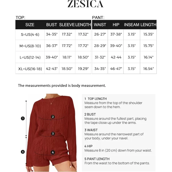 imageZESICA Womens Casual 2 Piece Sweater Sets Long Sleeve Cable Knit Pullover Tops and Drawstring Shorts Sweatsuit OutfitsRust