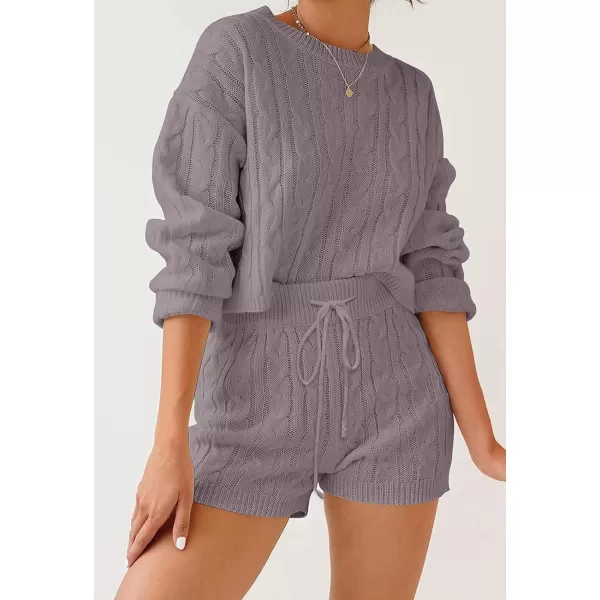 imageZESICA Womens Casual 2 Piece Sweater Sets Long Sleeve Cable Knit Pullover Tops and Drawstring Shorts Sweatsuit OutfitsTaro