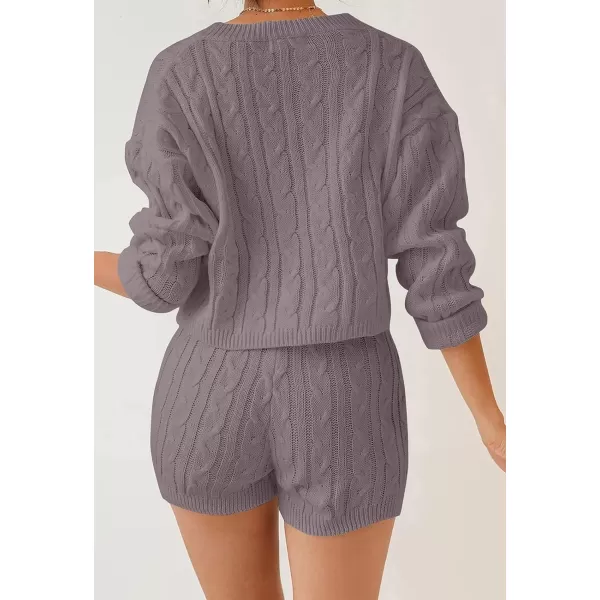 imageZESICA Womens Casual 2 Piece Sweater Sets Long Sleeve Cable Knit Pullover Tops and Drawstring Shorts Sweatsuit OutfitsTaro