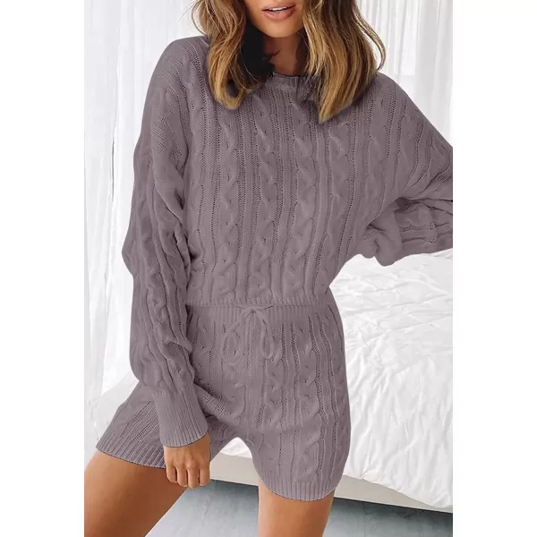 imageZESICA Womens Casual 2 Piece Sweater Sets Long Sleeve Cable Knit Pullover Tops and Drawstring Shorts Sweatsuit OutfitsTaro
