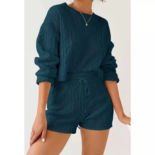 imageZESICA Womens Casual 2 Piece Sweater Sets Long Sleeve Cable Knit Pullover Tops and Drawstring Shorts Sweatsuit OutfitsTeal