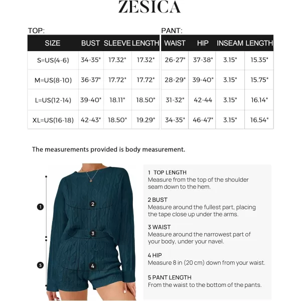 imageZESICA Womens Casual 2 Piece Sweater Sets Long Sleeve Cable Knit Pullover Tops and Drawstring Shorts Sweatsuit OutfitsTeal