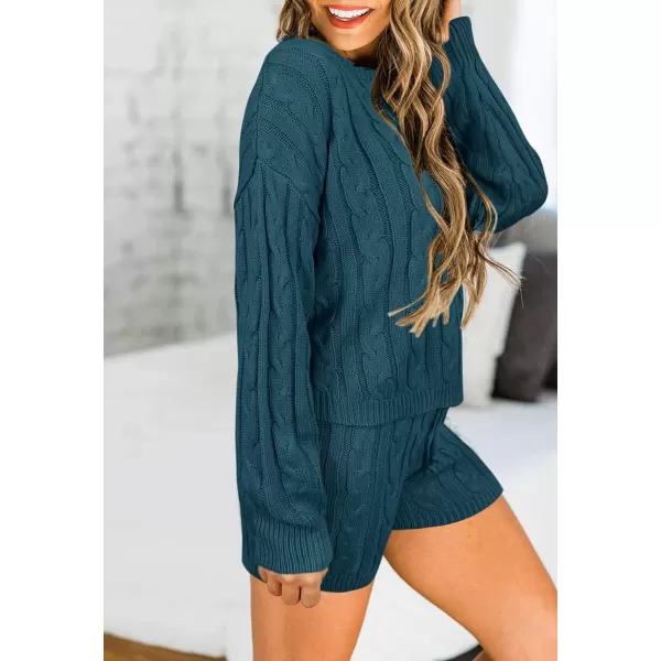 imageZESICA Womens Casual 2 Piece Sweater Sets Long Sleeve Cable Knit Pullover Tops and Drawstring Shorts Sweatsuit OutfitsTeal