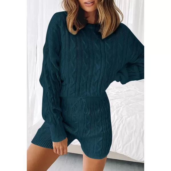 imageZESICA Womens Casual 2 Piece Sweater Sets Long Sleeve Cable Knit Pullover Tops and Drawstring Shorts Sweatsuit OutfitsTeal