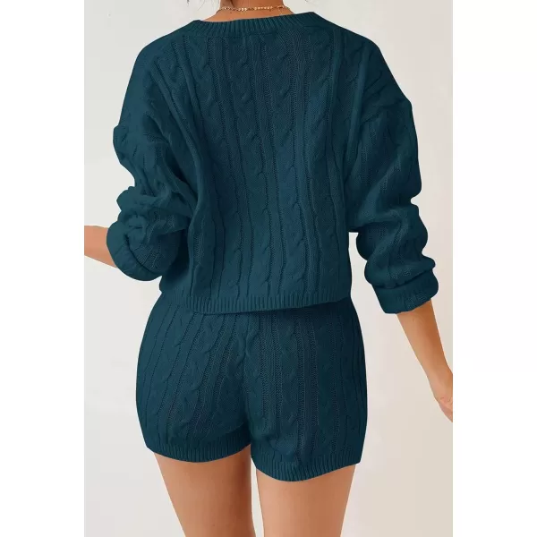 imageZESICA Womens Casual 2 Piece Sweater Sets Long Sleeve Cable Knit Pullover Tops and Drawstring Shorts Sweatsuit OutfitsTeal