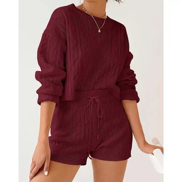 imageZESICA Womens Casual 2 Piece Sweater Sets Long Sleeve Cable Knit Pullover Tops and Drawstring Shorts Sweatsuit OutfitsWine