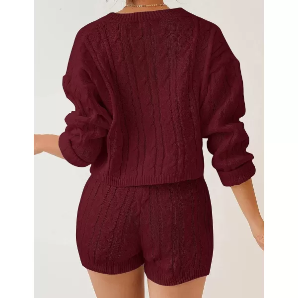 imageZESICA Womens Casual 2 Piece Sweater Sets Long Sleeve Cable Knit Pullover Tops and Drawstring Shorts Sweatsuit OutfitsWine