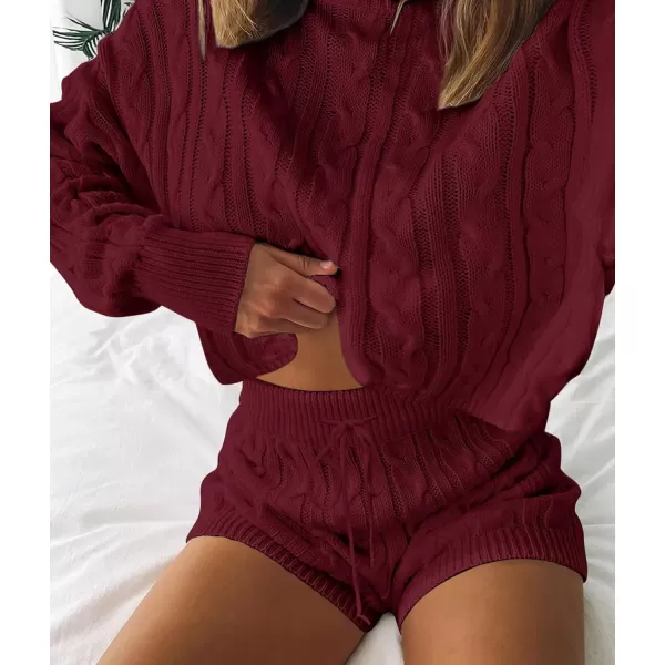 imageZESICA Womens Casual 2 Piece Sweater Sets Long Sleeve Cable Knit Pullover Tops and Drawstring Shorts Sweatsuit OutfitsWine