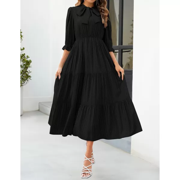 imageZESICA Womens Casual Half Sleeve Tie V Neck Elastic High Waist Solid Color Flowy Tiered A Line Beach Party Maxi DressBlack