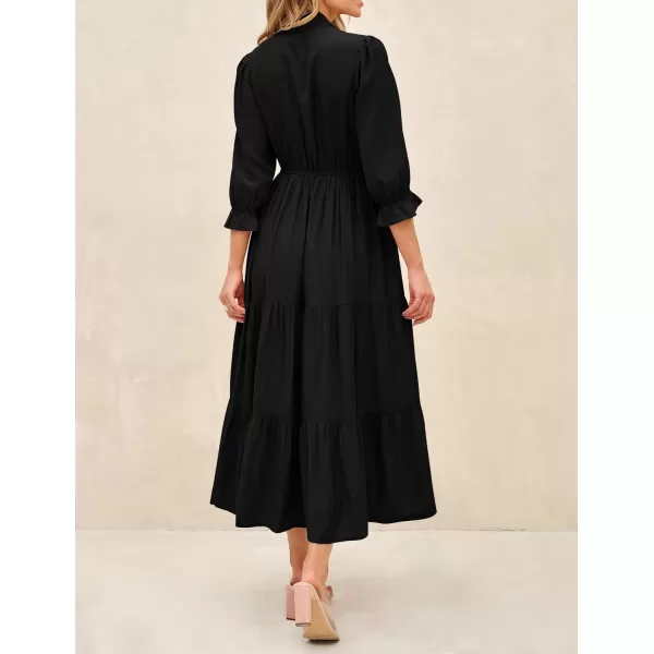 imageZESICA Womens Casual Half Sleeve Tie V Neck Elastic High Waist Solid Color Flowy Tiered A Line Beach Party Maxi DressBlack
