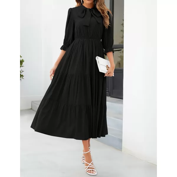 imageZESICA Womens Casual Half Sleeve Tie V Neck Elastic High Waist Solid Color Flowy Tiered A Line Beach Party Maxi DressBlack