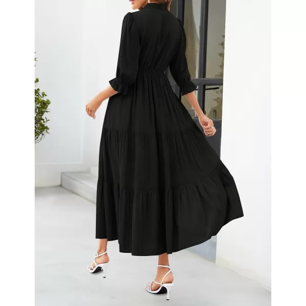imageZESICA Womens Casual Half Sleeve Tie V Neck Elastic High Waist Solid Color Flowy Tiered A Line Beach Party Maxi DressBlack