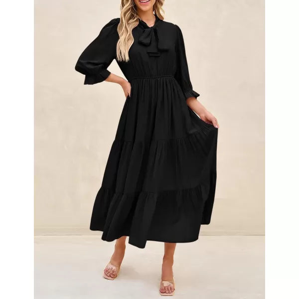 imageZESICA Womens Casual Half Sleeve Tie V Neck Elastic High Waist Solid Color Flowy Tiered A Line Beach Party Maxi DressBlack