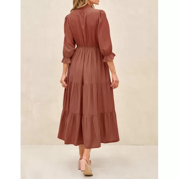 imageZESICA Womens Casual Half Sleeve Tie V Neck Elastic High Waist Solid Color Flowy Tiered A Line Beach Party Maxi DressBrickred