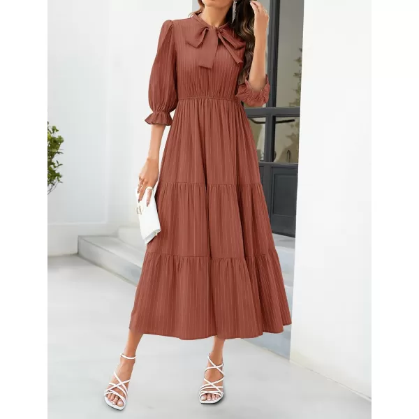 imageZESICA Womens Casual Half Sleeve Tie V Neck Elastic High Waist Solid Color Flowy Tiered A Line Beach Party Maxi DressBrickred