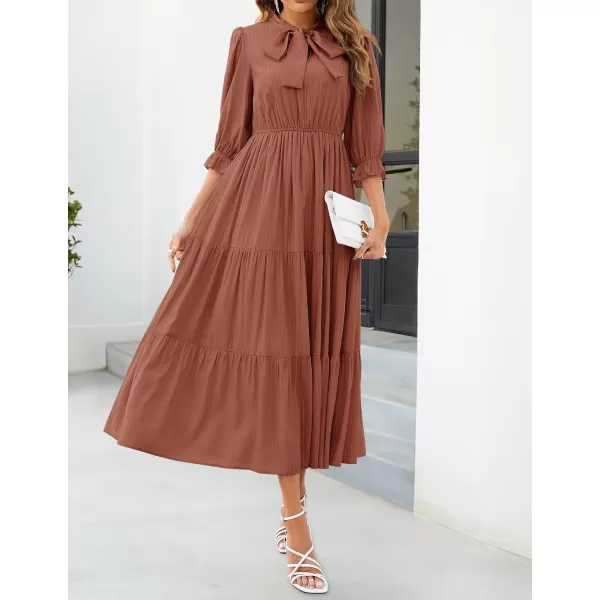 imageZESICA Womens Casual Half Sleeve Tie V Neck Elastic High Waist Solid Color Flowy Tiered A Line Beach Party Maxi DressBrickred