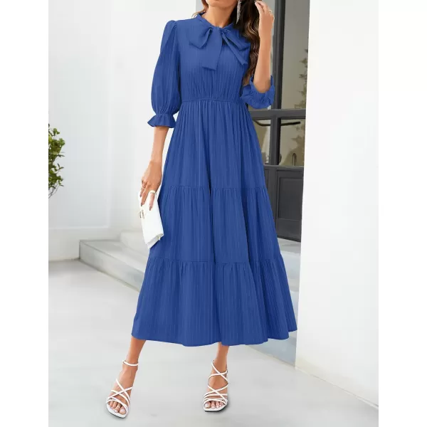 imageZESICA Womens Casual Half Sleeve Tie V Neck Elastic High Waist Solid Color Flowy Tiered A Line Beach Party Maxi DressDark Blue