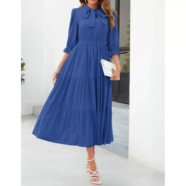 imageZESICA Womens Casual Half Sleeve Tie V Neck Elastic High Waist Solid Color Flowy Tiered A Line Beach Party Maxi DressDark Blue