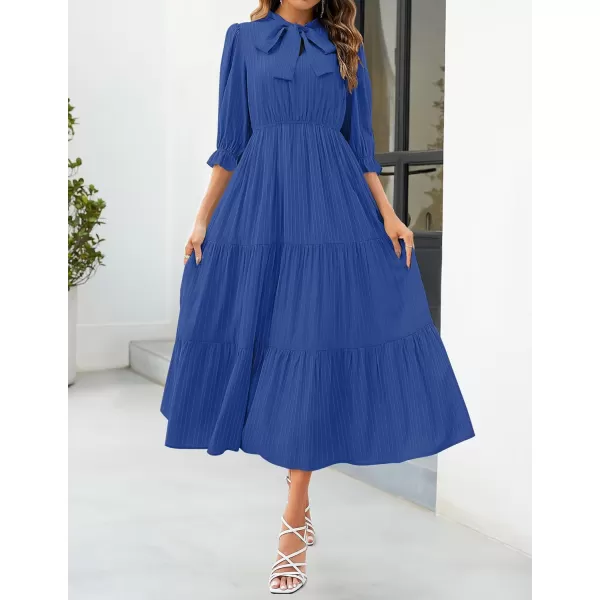 imageZESICA Womens Casual Half Sleeve Tie V Neck Elastic High Waist Solid Color Flowy Tiered A Line Beach Party Maxi DressDark Blue