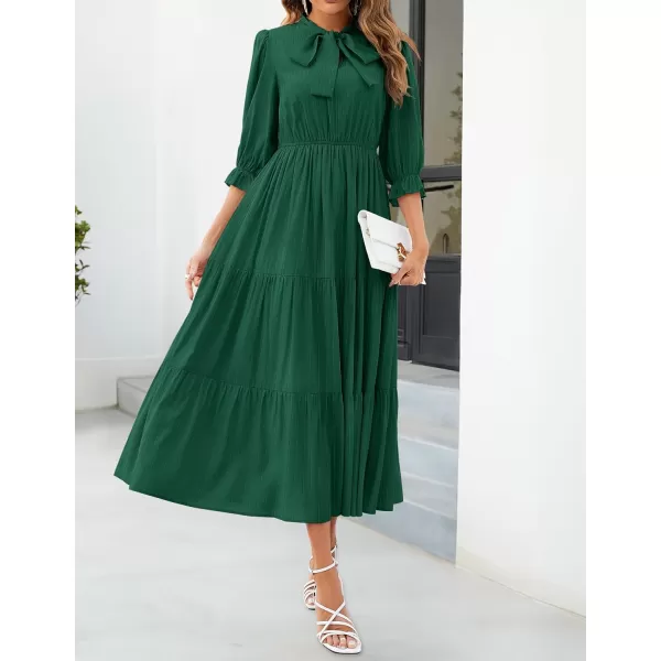 imageZESICA Womens Casual Half Sleeve Tie V Neck Elastic High Waist Solid Color Flowy Tiered A Line Beach Party Maxi DressDarkgreen