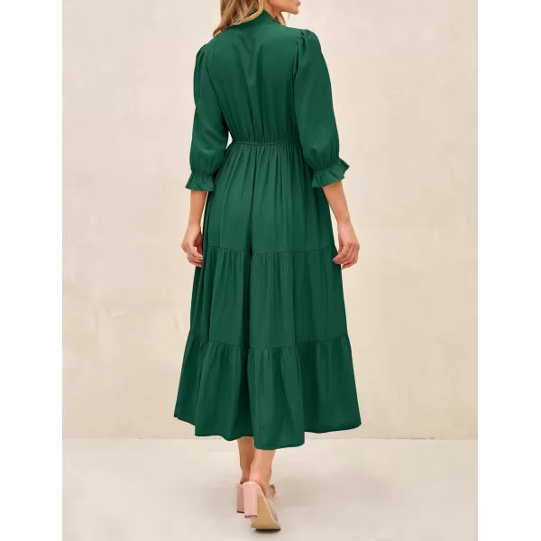 imageZESICA Womens Casual Half Sleeve Tie V Neck Elastic High Waist Solid Color Flowy Tiered A Line Beach Party Maxi DressDarkgreen