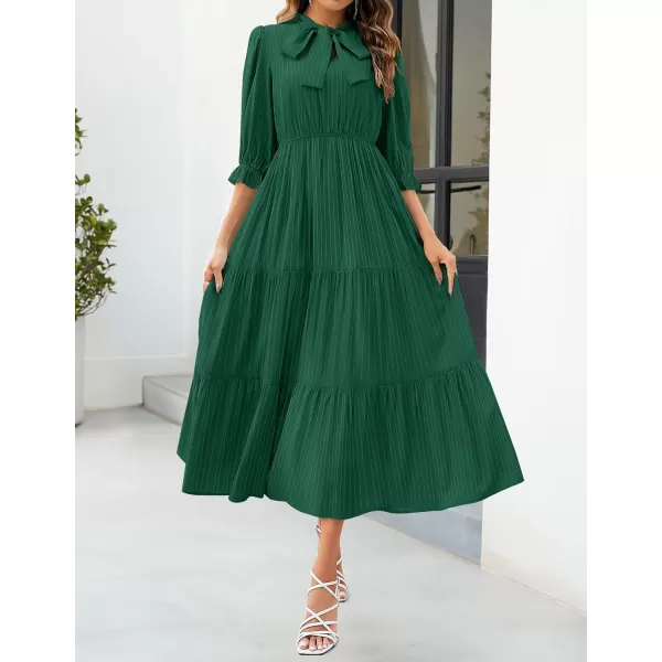 imageZESICA Womens Casual Half Sleeve Tie V Neck Elastic High Waist Solid Color Flowy Tiered A Line Beach Party Maxi DressDarkgreen