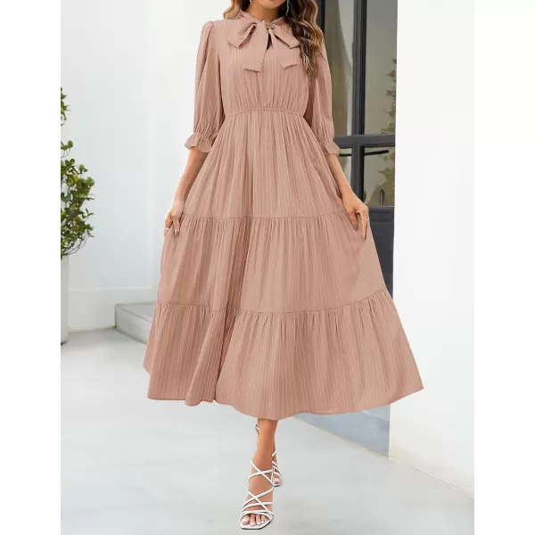 imageZESICA Womens Casual Half Sleeve Tie V Neck Elastic High Waist Solid Color Flowy Tiered A Line Beach Party Maxi DressDustypink