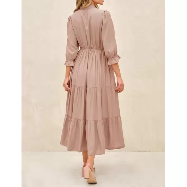 imageZESICA Womens Casual Half Sleeve Tie V Neck Elastic High Waist Solid Color Flowy Tiered A Line Beach Party Maxi DressDustypink
