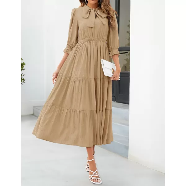 imageZESICA Womens Casual Half Sleeve Tie V Neck Elastic High Waist Solid Color Flowy Tiered A Line Beach Party Maxi DressKhaki