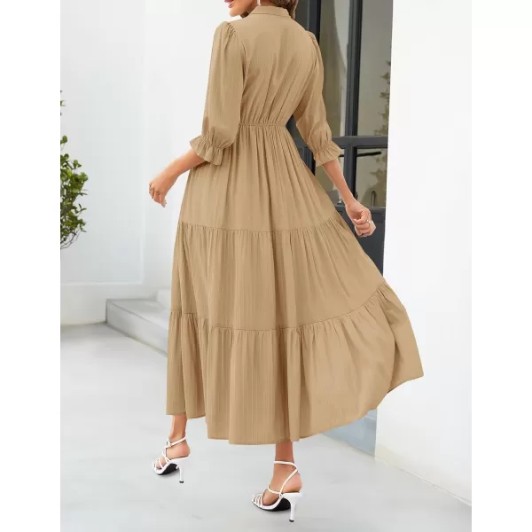 imageZESICA Womens Casual Half Sleeve Tie V Neck Elastic High Waist Solid Color Flowy Tiered A Line Beach Party Maxi DressKhaki