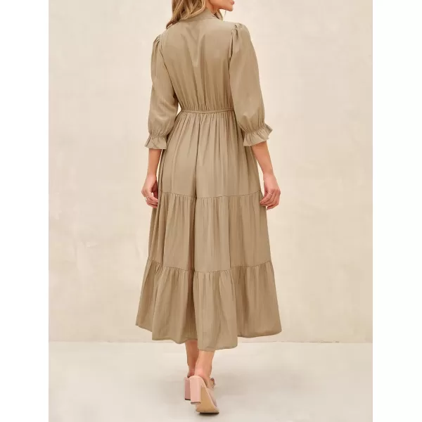 imageZESICA Womens Casual Half Sleeve Tie V Neck Elastic High Waist Solid Color Flowy Tiered A Line Beach Party Maxi DressKhaki