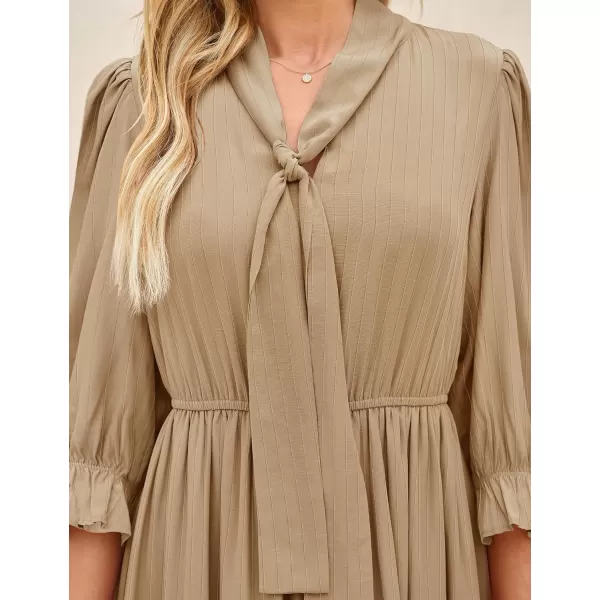 imageZESICA Womens Casual Half Sleeve Tie V Neck Elastic High Waist Solid Color Flowy Tiered A Line Beach Party Maxi DressKhaki