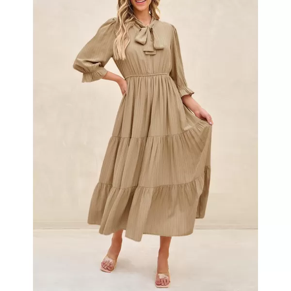 imageZESICA Womens Casual Half Sleeve Tie V Neck Elastic High Waist Solid Color Flowy Tiered A Line Beach Party Maxi DressKhaki