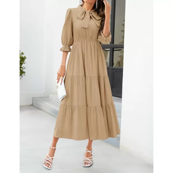 imageZESICA Womens Casual Half Sleeve Tie V Neck Elastic High Waist Solid Color Flowy Tiered A Line Beach Party Maxi DressKhaki