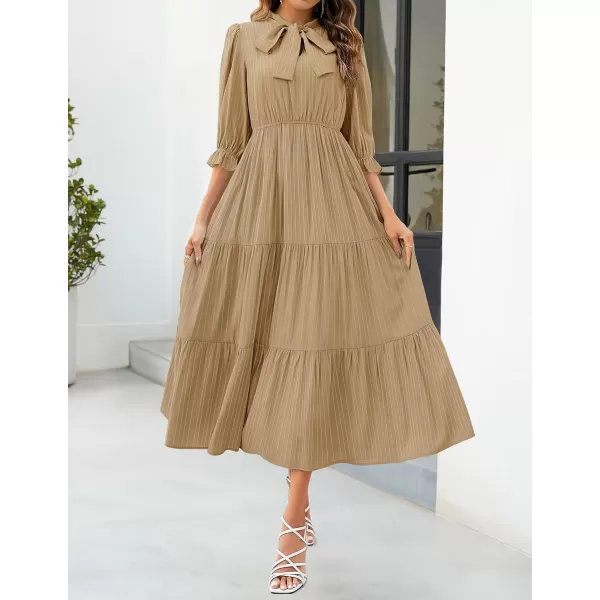 imageZESICA Womens Casual Half Sleeve Tie V Neck Elastic High Waist Solid Color Flowy Tiered A Line Beach Party Maxi DressKhaki