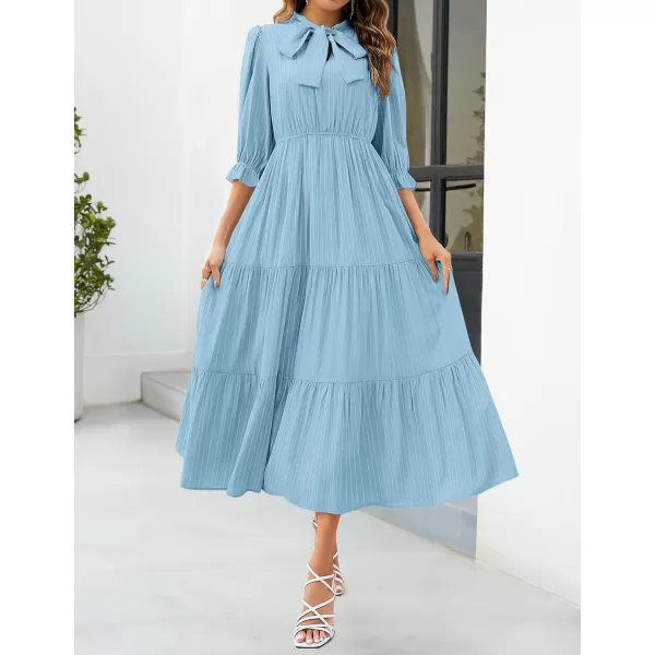 imageZESICA Womens Casual Half Sleeve Tie V Neck Elastic High Waist Solid Color Flowy Tiered A Line Beach Party Maxi DressLightblue