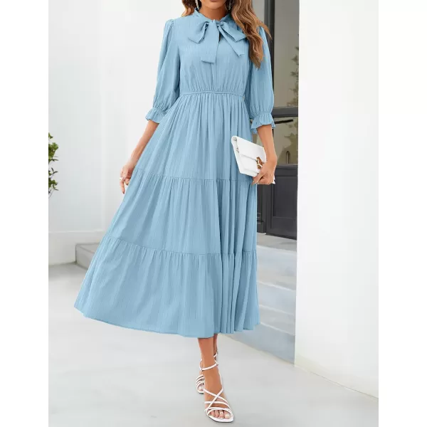 imageZESICA Womens Casual Half Sleeve Tie V Neck Elastic High Waist Solid Color Flowy Tiered A Line Beach Party Maxi DressLightblue