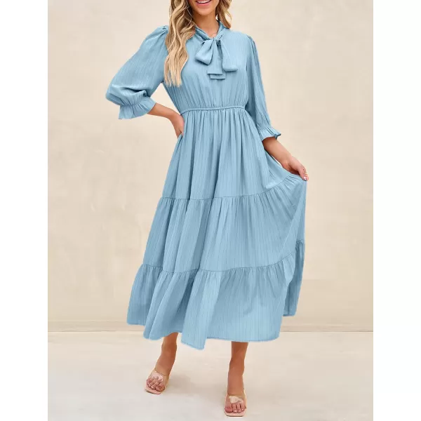 imageZESICA Womens Casual Half Sleeve Tie V Neck Elastic High Waist Solid Color Flowy Tiered A Line Beach Party Maxi DressLightblue